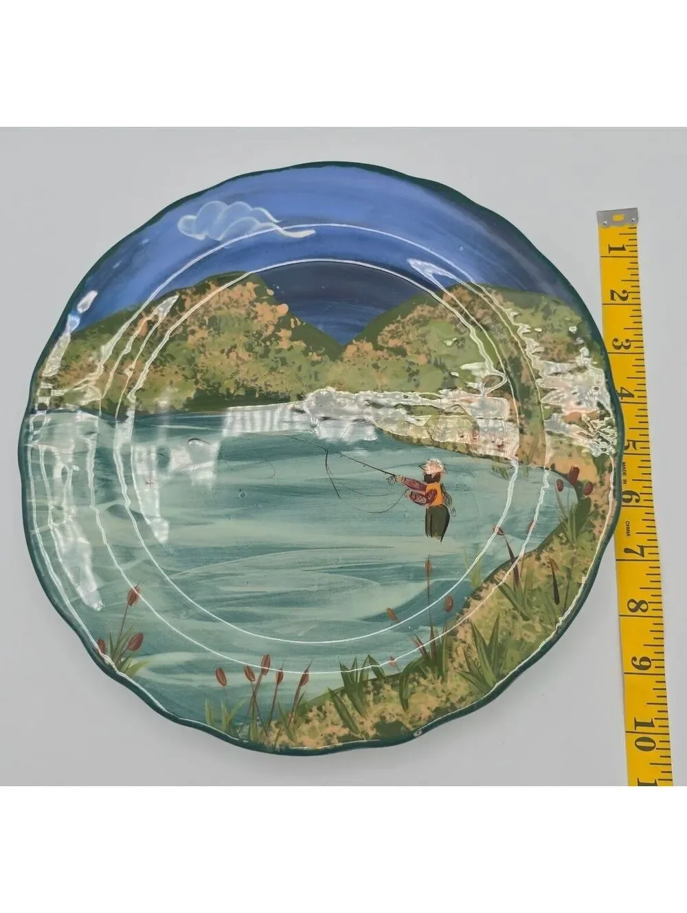 Vintage LESAL Hand Painted Fly Fishing Landscape Art Pottery Plate